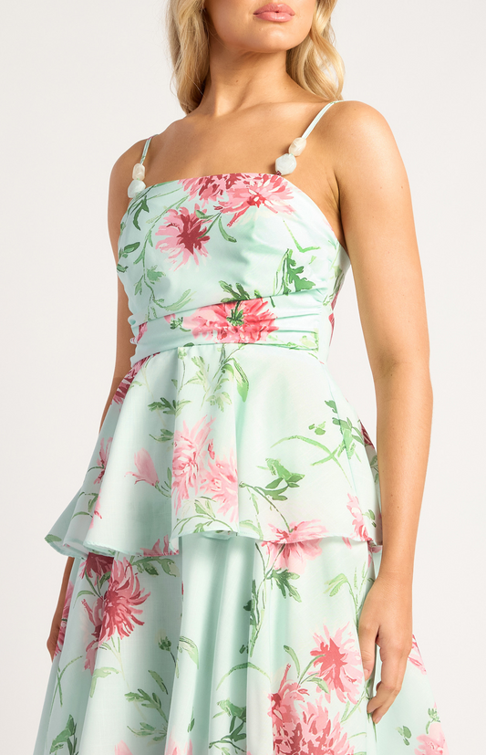 Mint Wispy Floral Tiered Dress