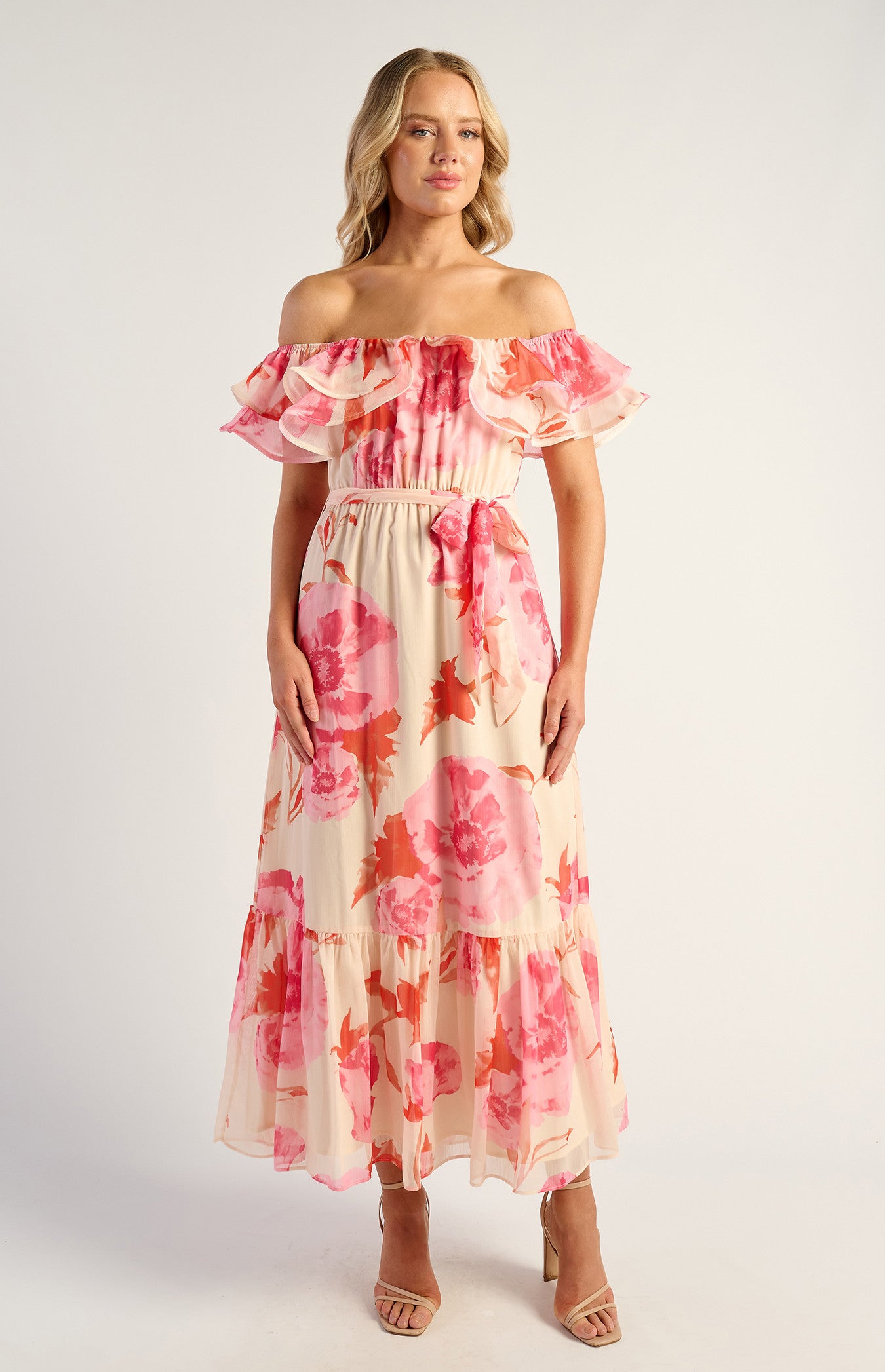 Pink Floral Off The Shoulder Dress