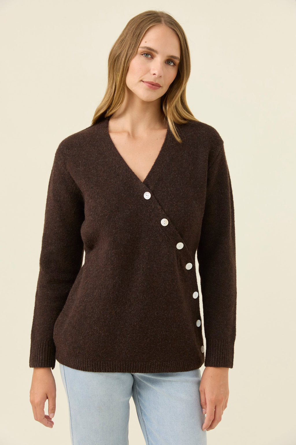 Miru Button Cardigan Chocolate - Emelda's Shoes
