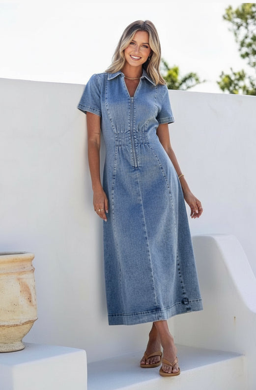 Denim long zip dress - Emelda's Shoes
