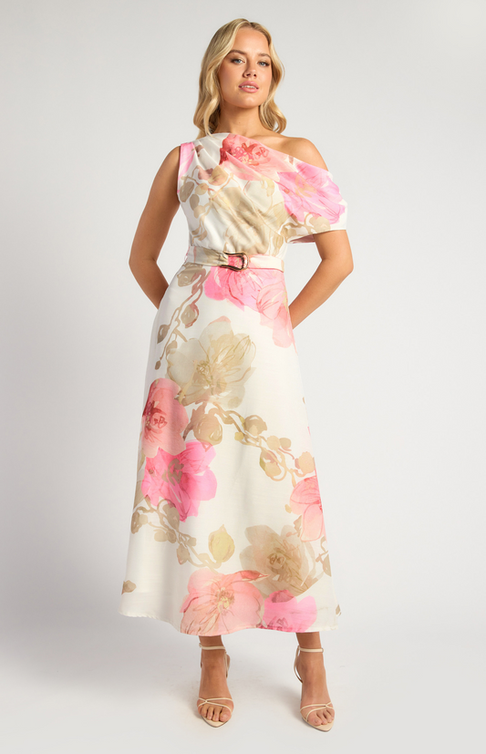 Asymmetric Floral Pink Dress