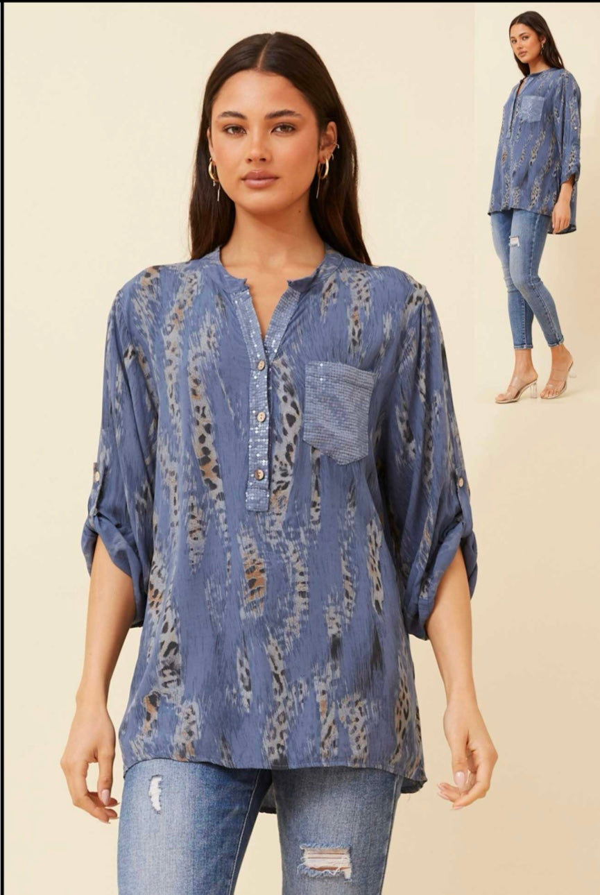 Animal print blue top