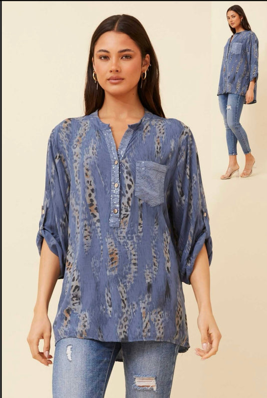 Animal print blue top