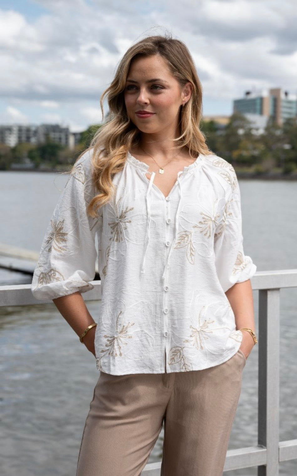 White/Gold Blouse - Emelda's Shoes