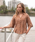 Tan flower blouse - Emelda's Shoes
