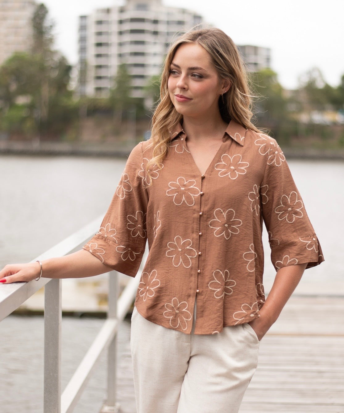 Tan flower blouse - Emelda's Shoes