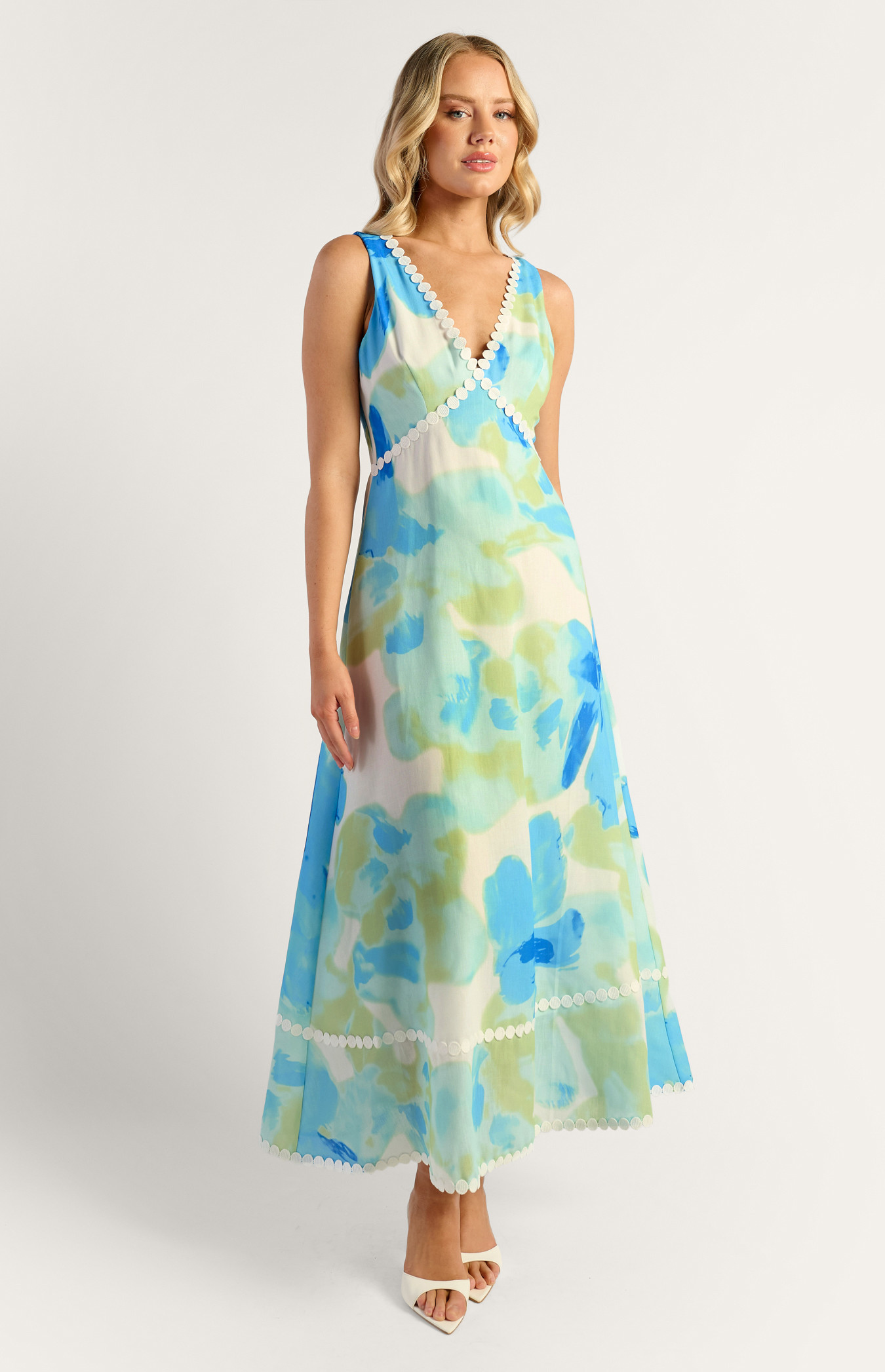 Island Blue Floral Trim Dress - Emelda's Shoes