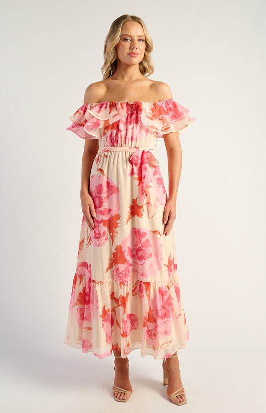 Pink Floral Off The Shoulder Dress