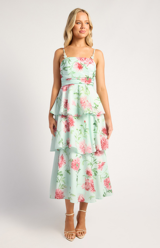 Mint Wispy Floral Tiered Dress