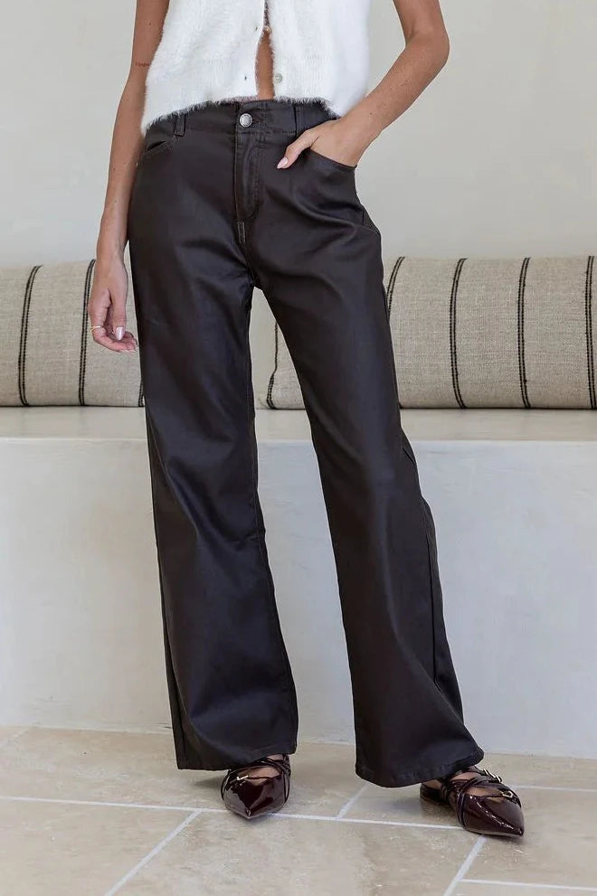 Wet Look Chocolate Straight Jean - Emelda's Shoes