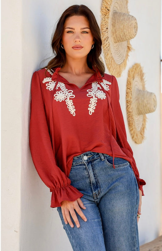 Persian Red Long Sleeve Blouse with Cream Detail